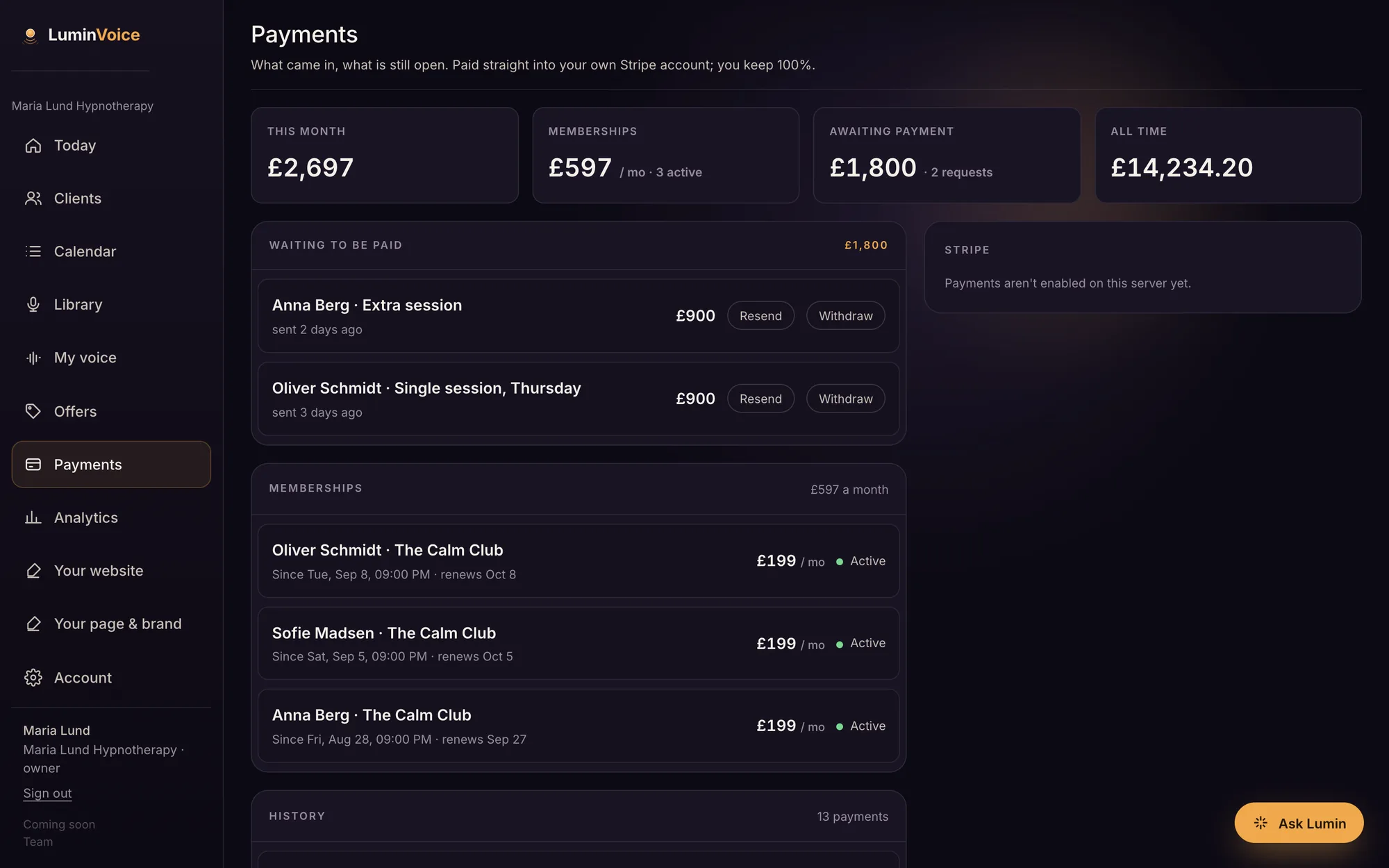 The payments screen showing money in, memberships and what is still open.